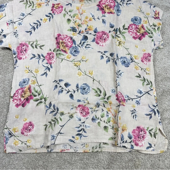 Bella Umbra 100% Linen Blouse Light Tan Floral Shortsleeve Made in Italy Size M - Picture 8 of 13